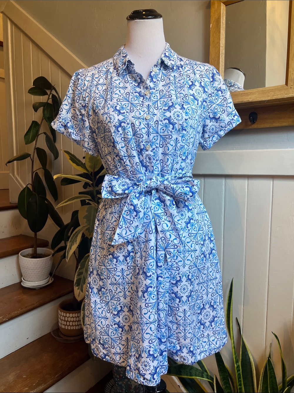 Hill House 100% Linen Laura Shirt Dress in Blue Mosaic Print